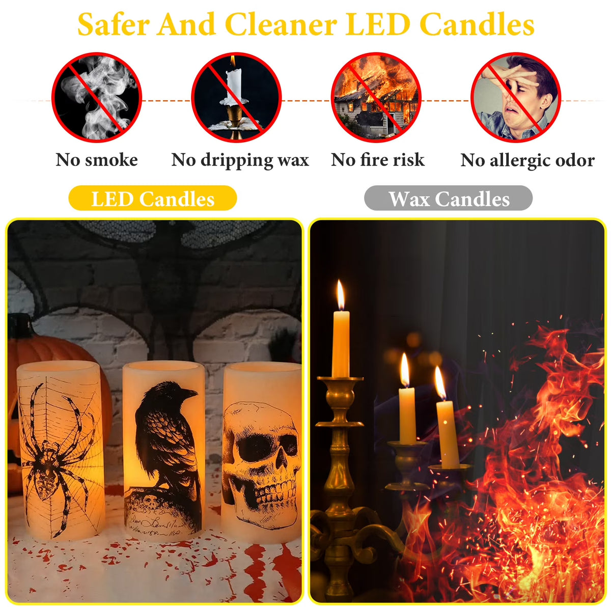 3Pcs Halloween Flameless Candles with Timer, Spider Crow Skull Battery Operated LED Candles for Halloween Decorations