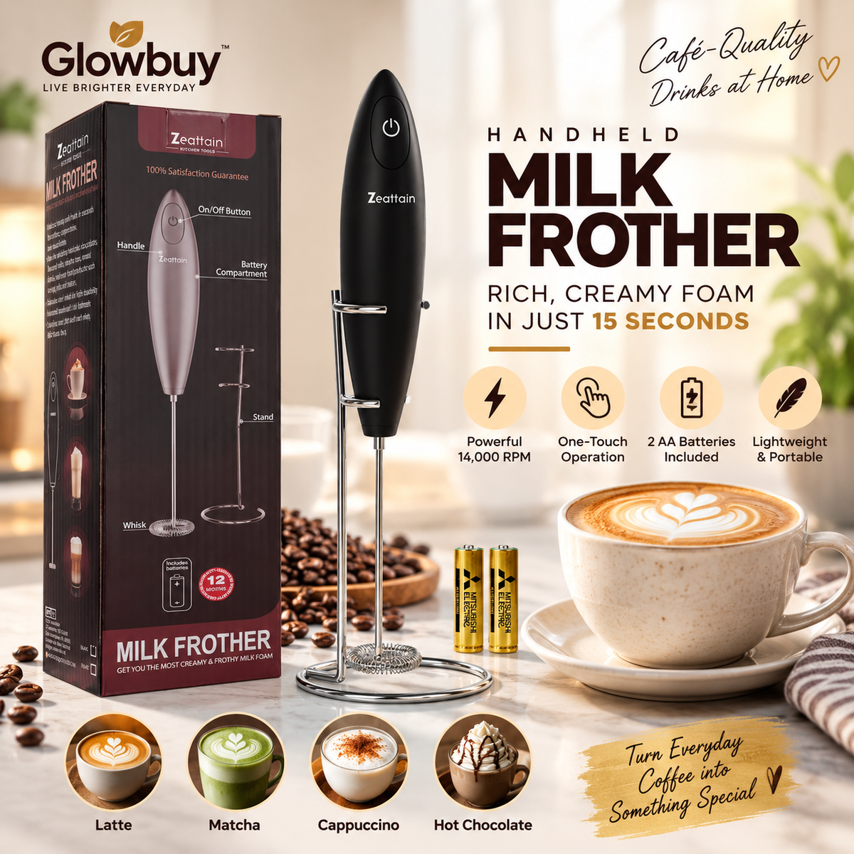 Electric Milk Frother for Coffee, Latte & Cappuccino