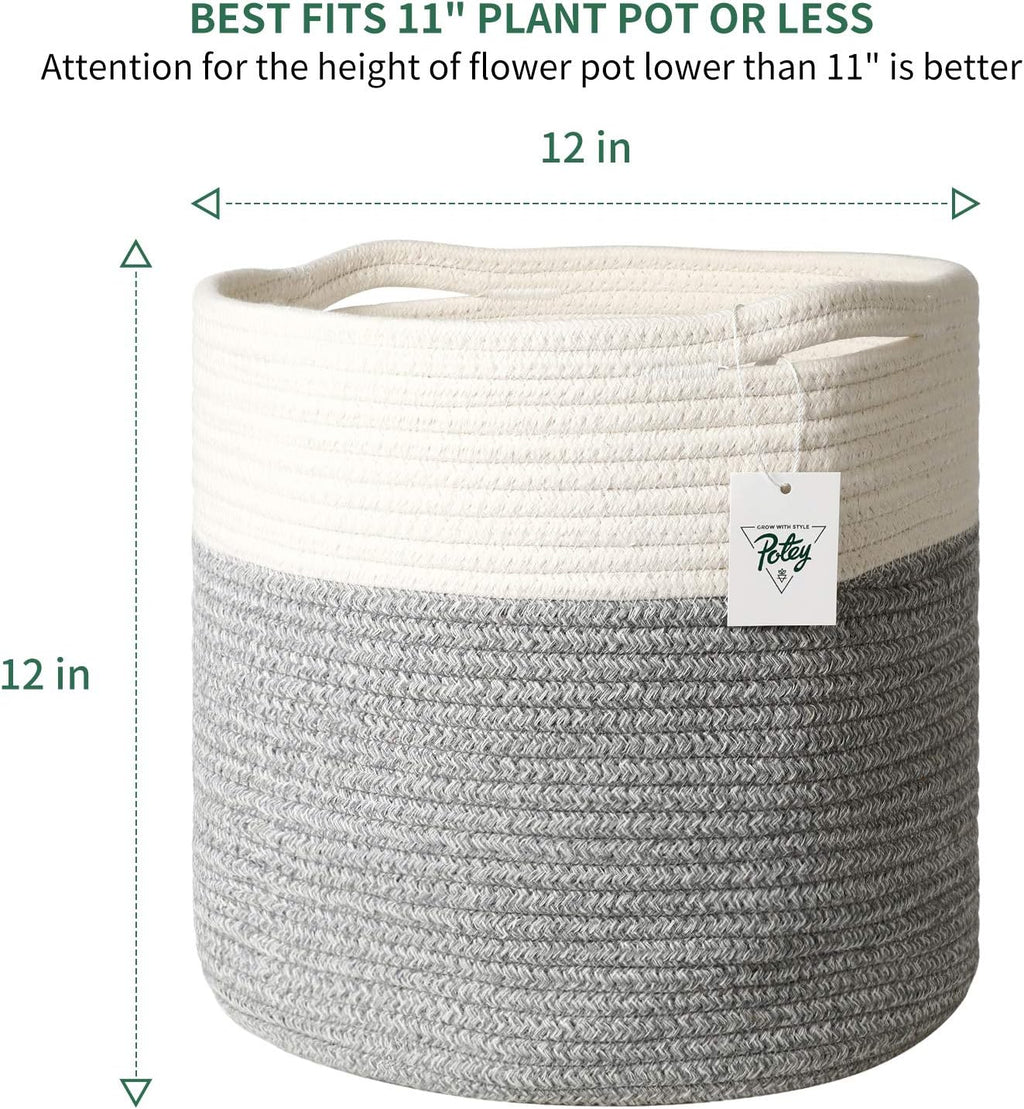 700903 Woven Cotton Rope Plant Basket for 11" Flower Pot Floor Indoor Planters, 12” X 12” Storage Basket Organizer Modern Home Decor, White Grey Stripes
