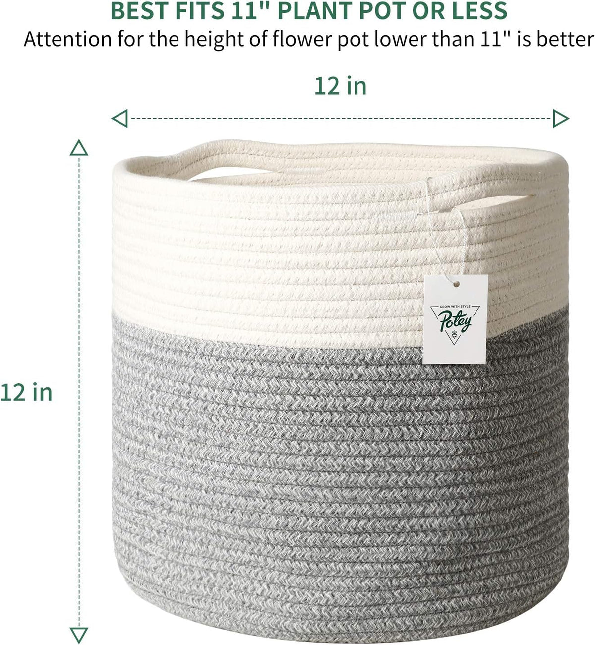 700903 Woven Cotton Rope Plant Basket for 11" Flower Pot Floor Indoor Planters, 12” X 12” Storage Basket Organizer Modern Home Decor, White Grey Stripes