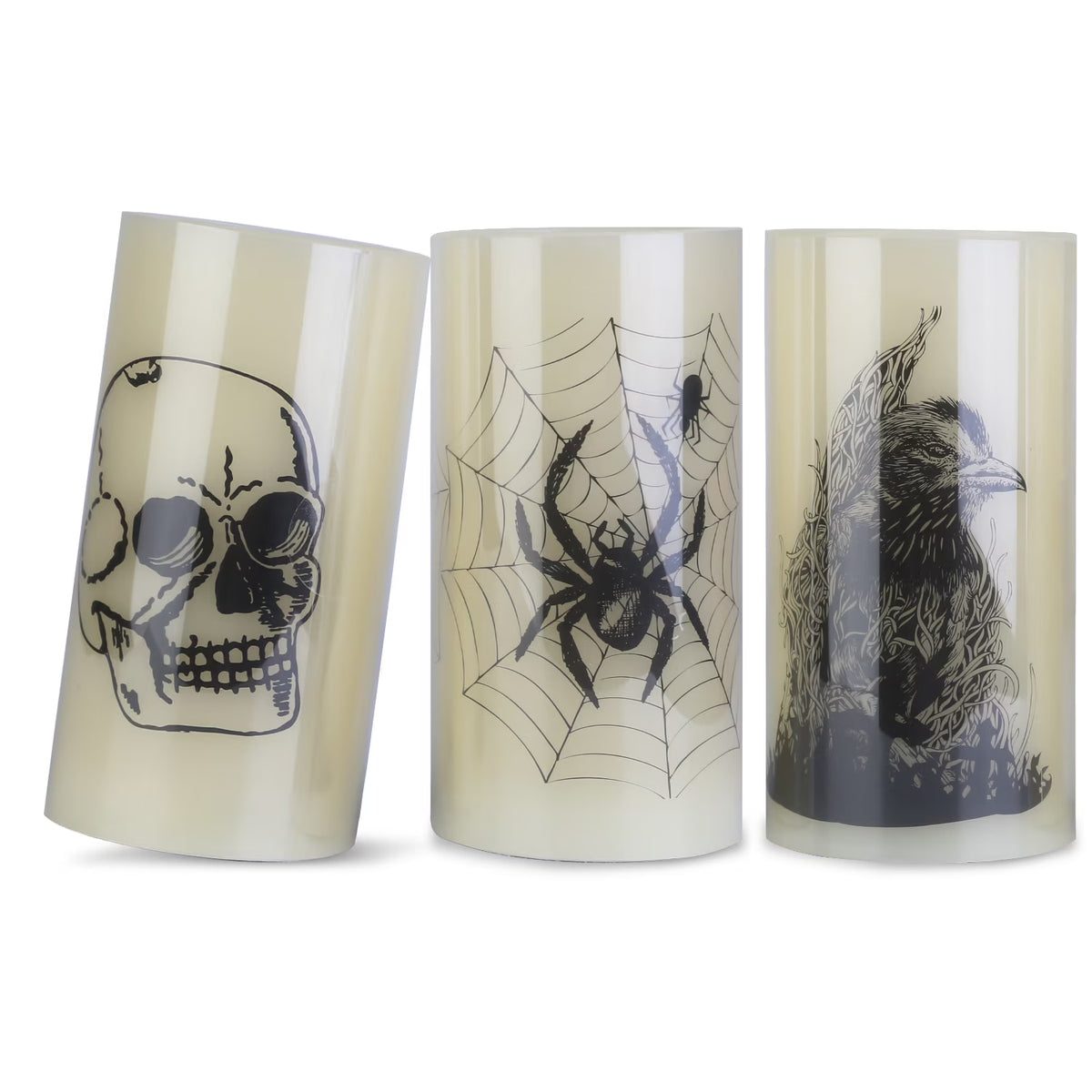 3Pcs Halloween Flameless Candles with Timer, Spider Crow Skull Battery Operated LED Candles for Halloween Decorations