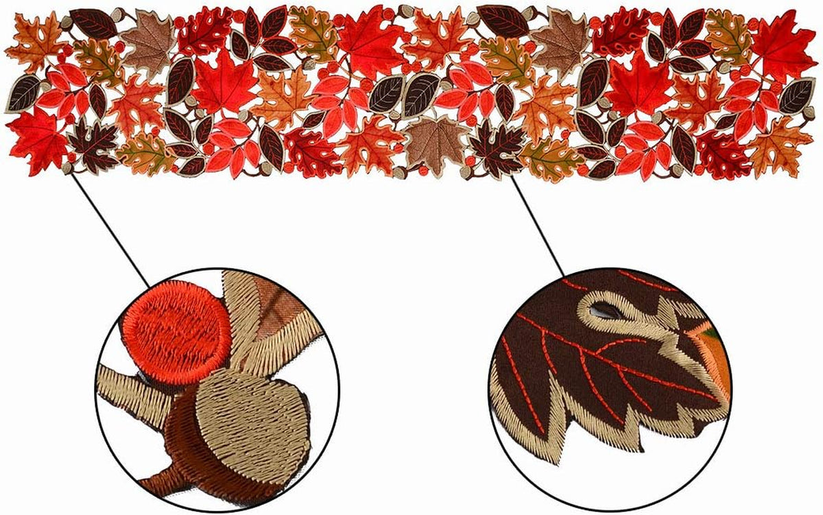 Embroidered Leaves Table Runner for Thanksgiving, Fall or Autumn Harvest Decorations, Dresser Scarf (14 × 53 Inches)