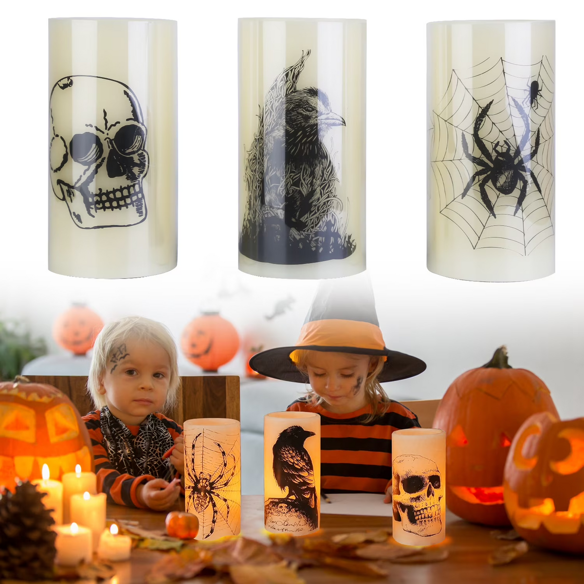 3Pcs Halloween Flameless Candles with Timer, Spider Crow Skull Battery Operated LED Candles for Halloween Decorations