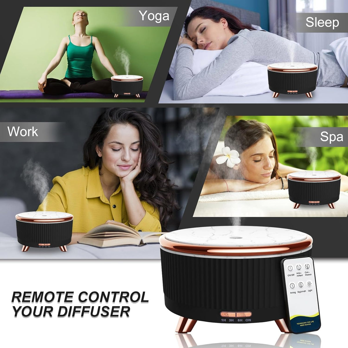 Diffusers for Essential Oils Large Room, 500Ml Aromatherapy Diffuser Cool Mist Humidifier with Remote Control,7 Colors Lights & 4 Mist Mode Waterless Auto off for Women Office Home