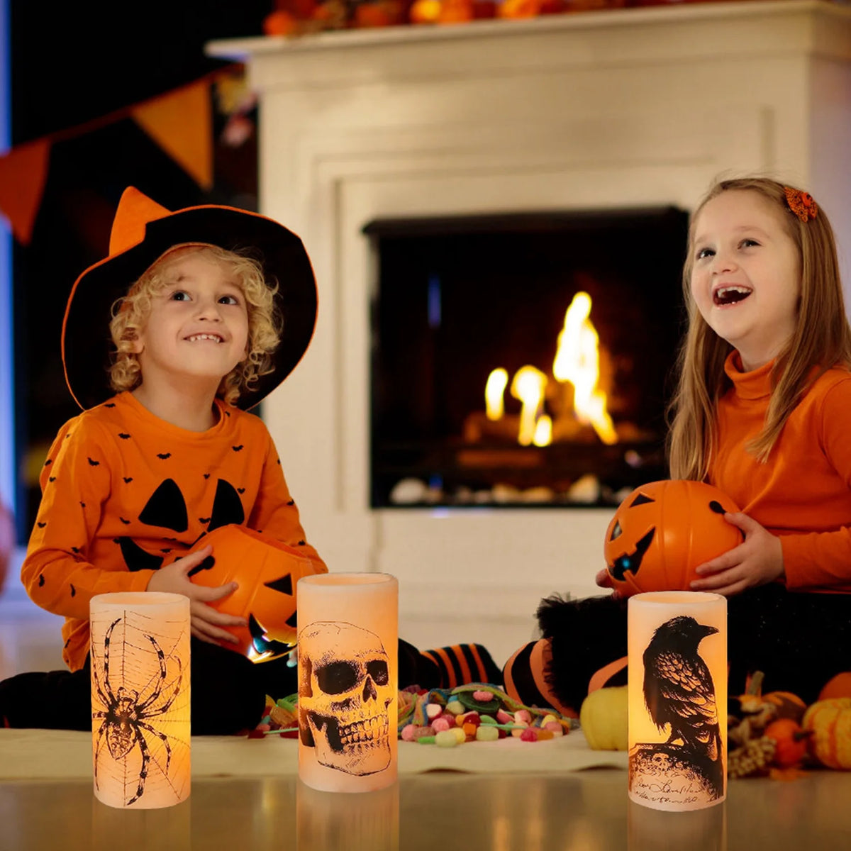 3Pcs Halloween Flameless Candles with Timer, Spider Crow Skull Battery Operated LED Candles for Halloween Decorations
