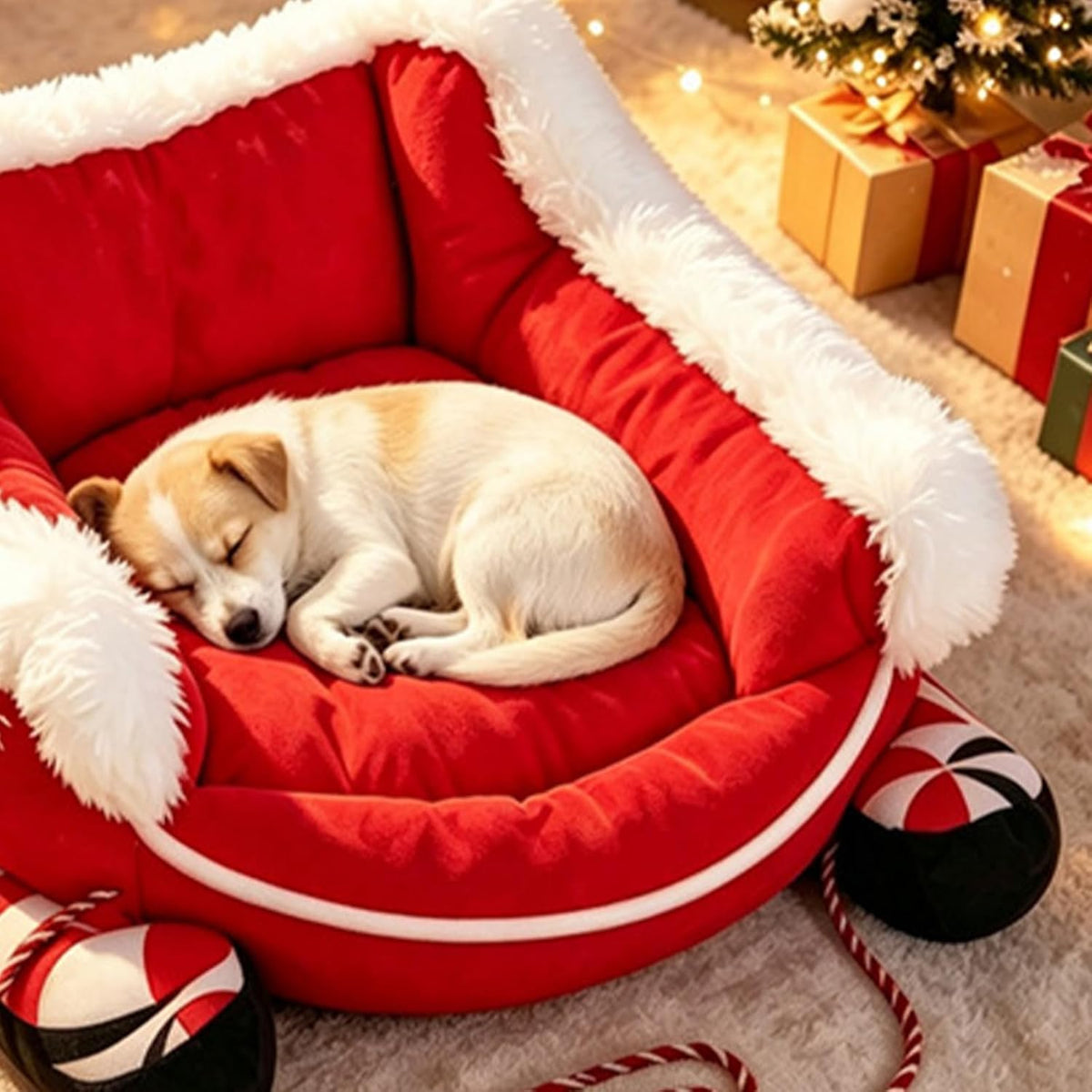 Christmas Dog Bed Sleigh with Non Slip Base, Festive Sleigh Calming Pet Bed