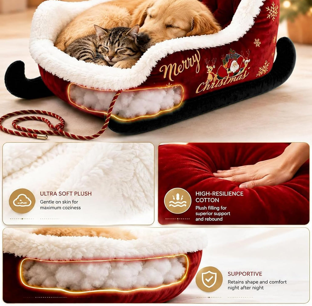 Christmas Dog Bed Sleigh with Non Slip Base, Festive Sleigh Calming Pet Bed