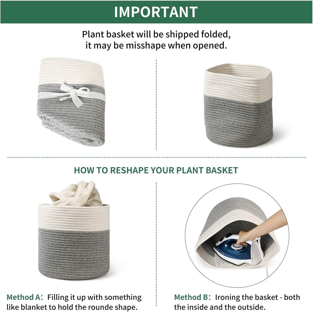 700903 Woven Cotton Rope Plant Basket for 11" Flower Pot Floor Indoor Planters, 12” X 12” Storage Basket Organizer Modern Home Decor, White Grey Stripes