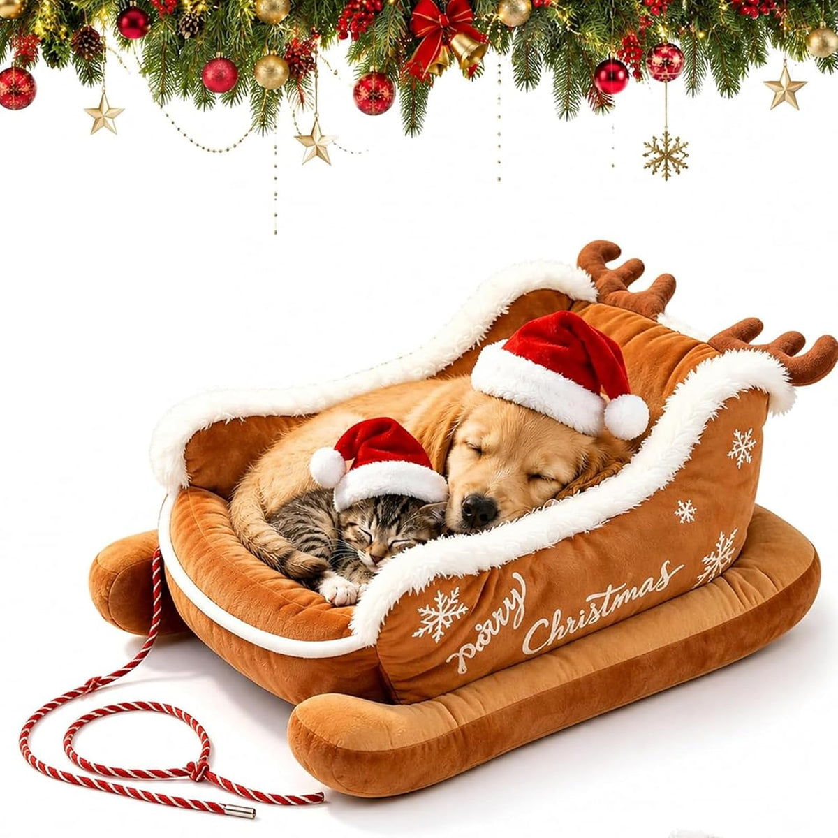 Christmas Dog Bed Sleigh with Non Slip Base, Festive Sleigh Calming Pet Bed