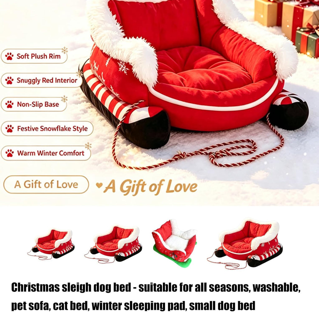 Christmas Dog Bed Sleigh with Non Slip Base, Festive Sleigh Calming Pet Bed