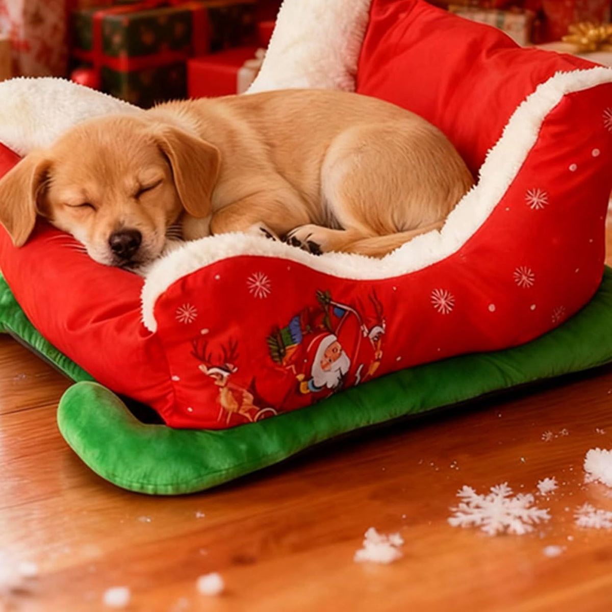 Christmas Dog Bed Sleigh with Non Slip Base, Festive Sleigh Calming Pet Bed