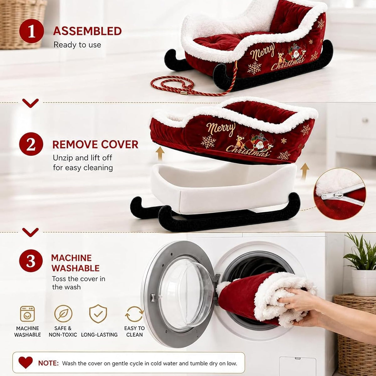 Christmas Dog Bed Sleigh with Non Slip Base, Festive Sleigh Calming Pet Bed