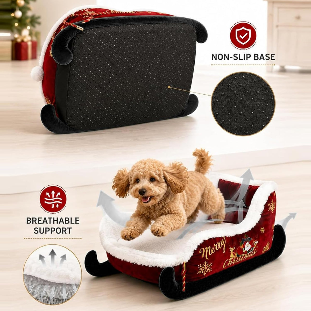Christmas Dog Bed Sleigh with Non Slip Base, Festive Sleigh Calming Pet Bed