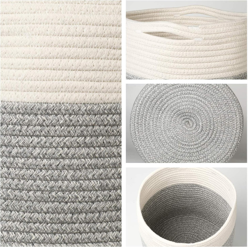 700903 Woven Cotton Rope Plant Basket for 11" Flower Pot Floor Indoor Planters, 12” X 12” Storage Basket Organizer Modern Home Decor, White Grey Stripes