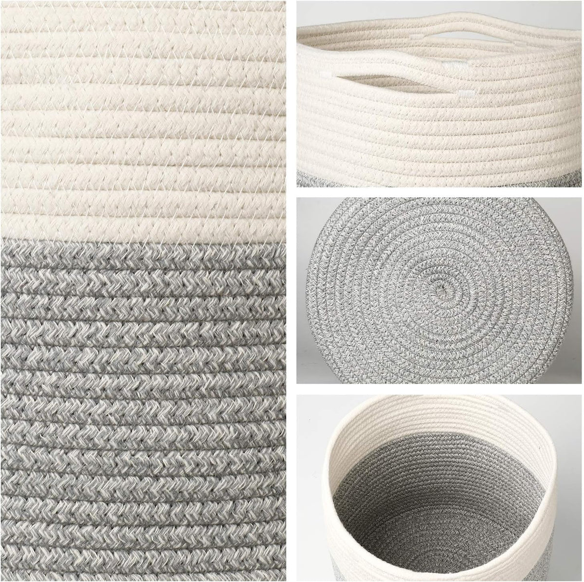 700903 Woven Cotton Rope Plant Basket for 11" Flower Pot Floor Indoor Planters, 12” X 12” Storage Basket Organizer Modern Home Decor, White Grey Stripes