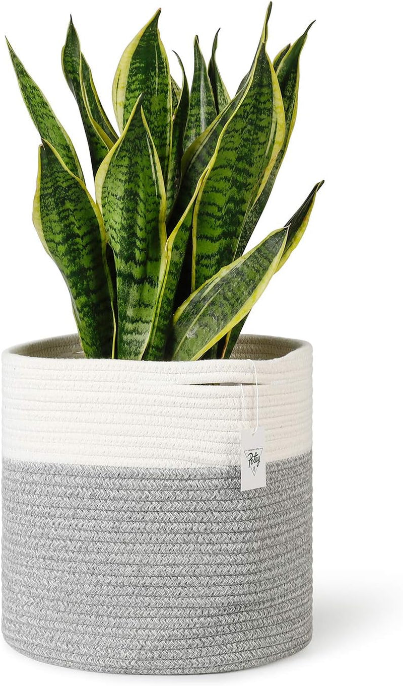 700903 Woven Cotton Rope Plant Basket for 11" Flower Pot Floor Indoor Planters, 12” X 12” Storage Basket Organizer Modern Home Decor, White Grey Stripes