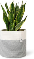 700903 Woven Cotton Rope Plant Basket for 11" Flower Pot Floor Indoor Planters, 12” X 12” Storage Basket Organizer Modern Home Decor, White Grey Stripes