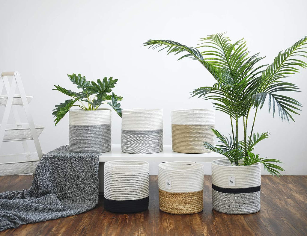 700903 Woven Cotton Rope Plant Basket for 11" Flower Pot Floor Indoor Planters, 12” X 12” Storage Basket Organizer Modern Home Decor, White Grey Stripes