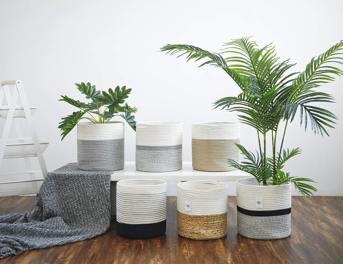 700903 Woven Cotton Rope Plant Basket for 11" Flower Pot Floor Indoor Planters, 12” X 12” Storage Basket Organizer Modern Home Decor, White Grey Stripes
