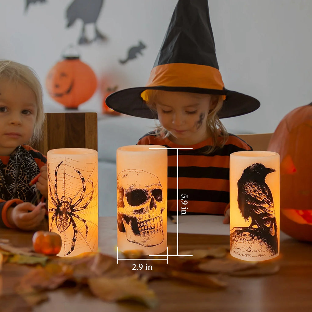3Pcs Halloween Flameless Candles with Timer, Spider Crow Skull Battery Operated LED Candles for Halloween Decorations