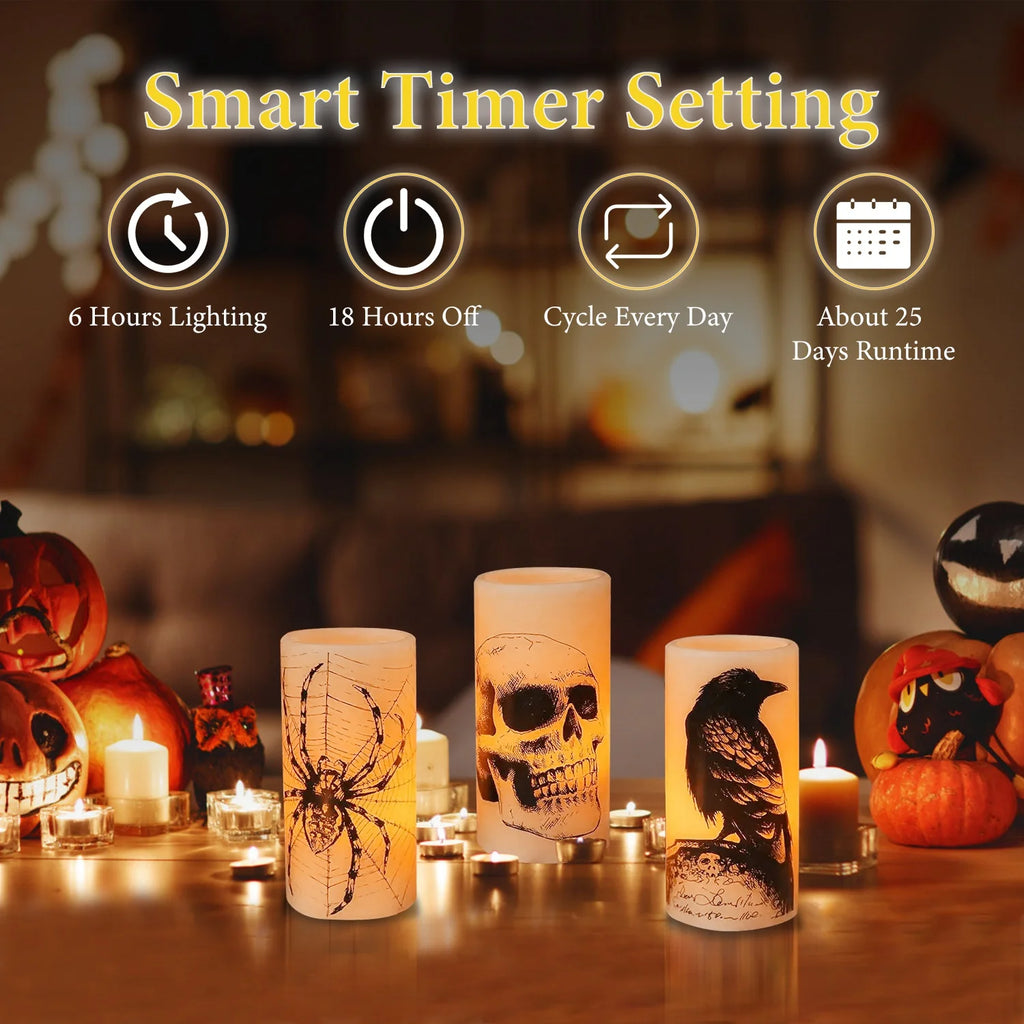 3Pcs Halloween Flameless Candles with Timer, Spider Crow Skull Battery Operated LED Candles for Halloween Decorations