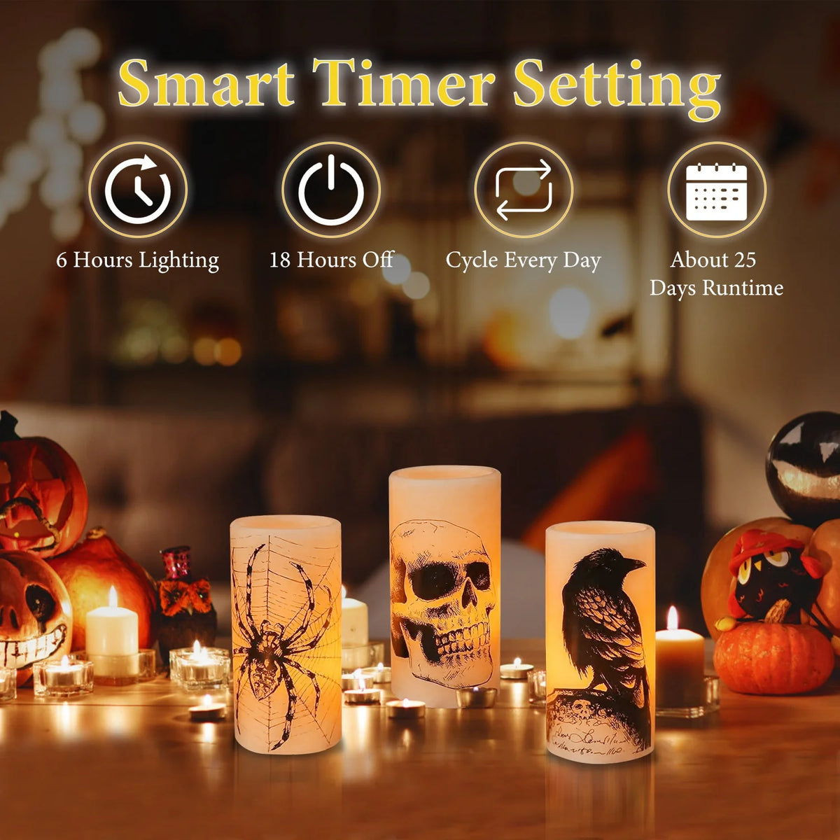 3Pcs Halloween Flameless Candles with Timer, Spider Crow Skull Battery Operated LED Candles for Halloween Decorations