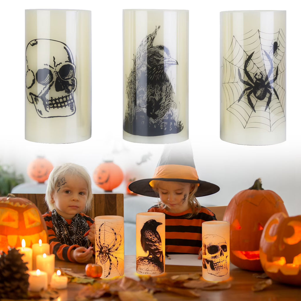 3Pcs Halloween Flameless Candles with Timer, Spider Crow Skull Battery Operated LED Candles for Halloween Decorations