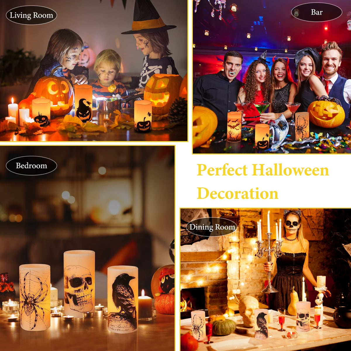 3Pcs Halloween Flameless Candles with Timer, Spider Crow Skull Battery Operated LED Candles for Halloween Decorations