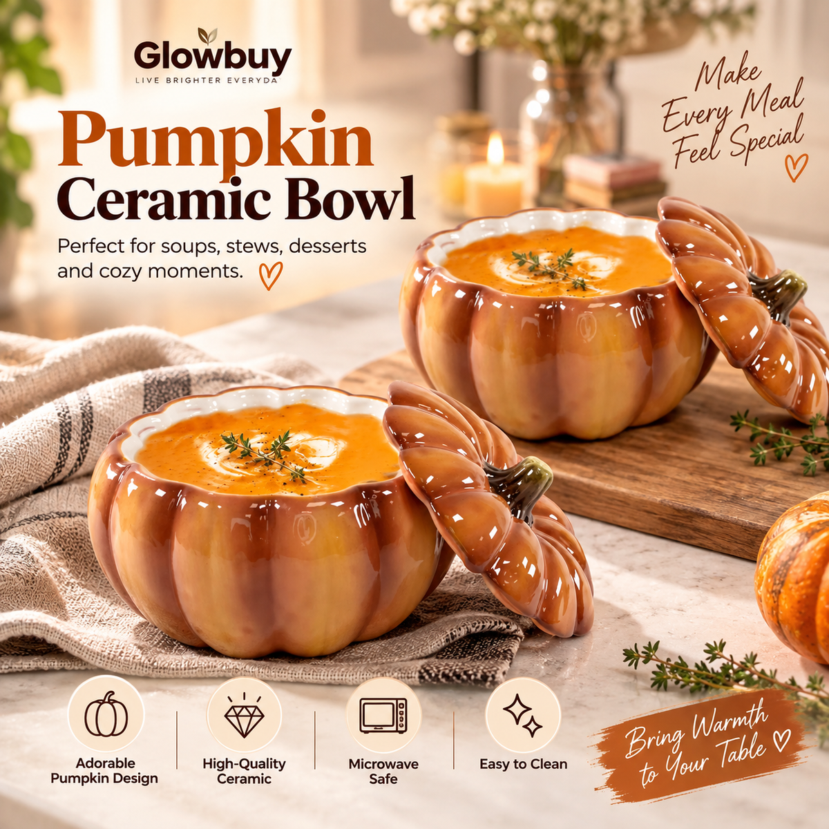 Ebros Home and Kitchen Orange Ceramic Pumpkin Soup or Dessert Bowl Set of 2