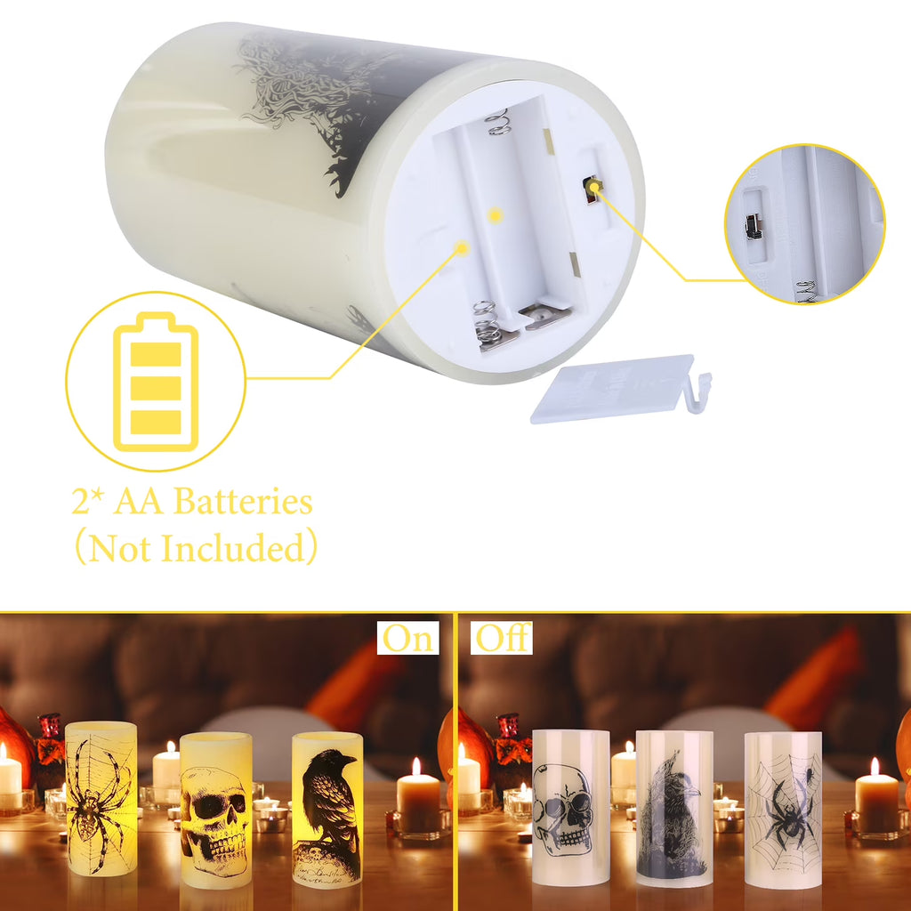 3Pcs Halloween Flameless Candles with Timer, Spider Crow Skull Battery Operated LED Candles for Halloween Decorations