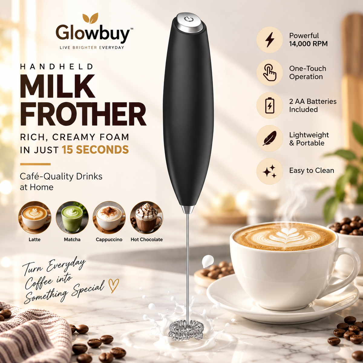 Milk Frother, Battery-Powered Handheld Milk Frother Wand